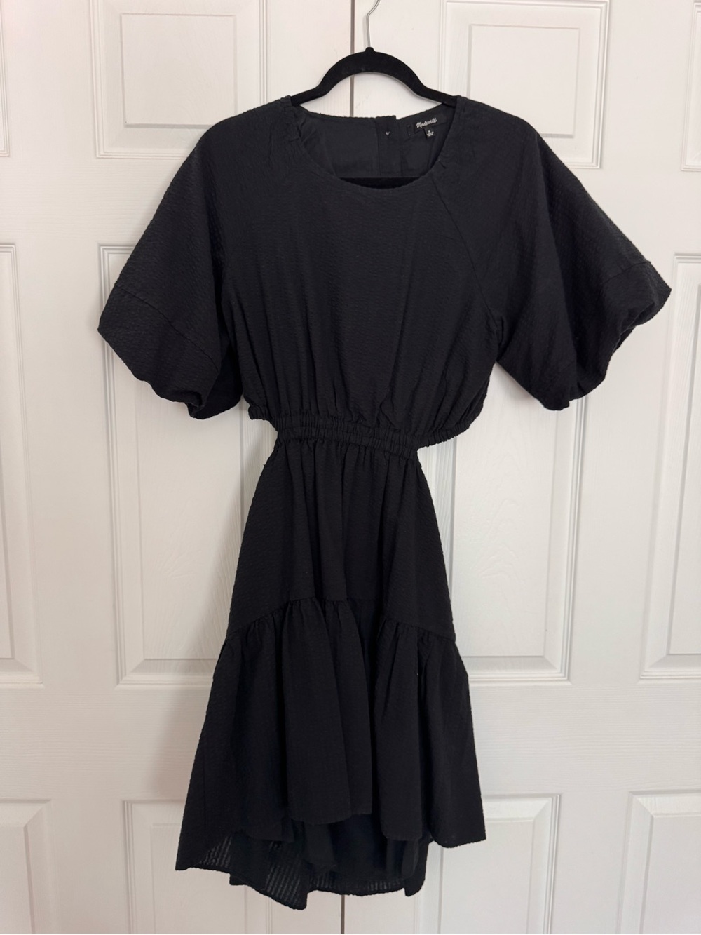 Madewell Black Textured Short Puff-Sleeve High-Low Dress